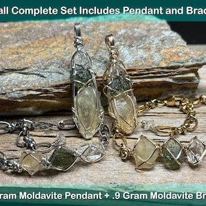 Genuine Moldavite with Libyan Desert Glass and Herkimer Diamond Pendant Necklace in Sterling Silver High Vibration Healing Jewelry MLH Small Set PND/BR