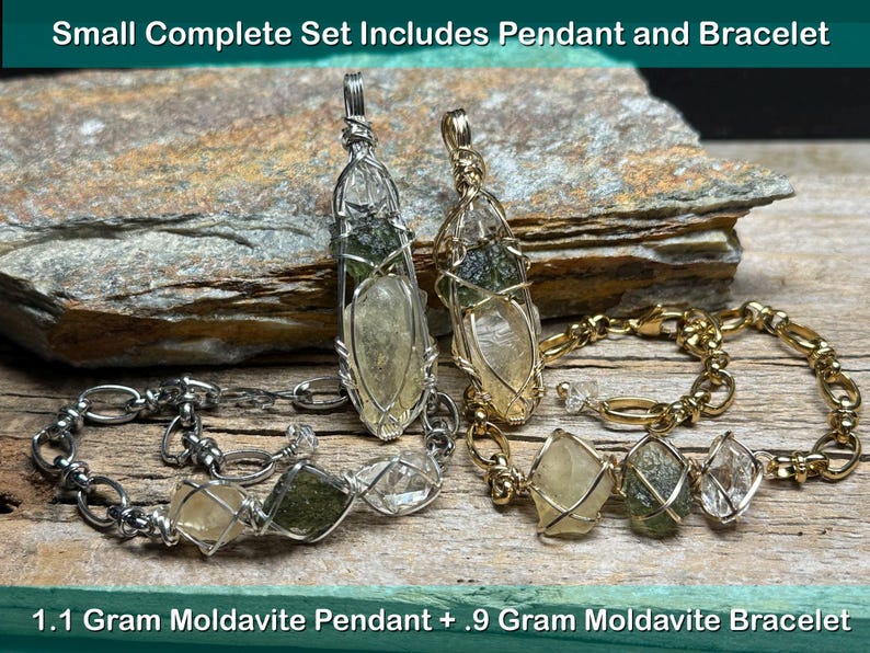 Genuine Moldavite with Libyan Desert Glass and Herkimer Diamond Pendant Necklace in Sterling Silver High Vibration Healing Jewelry MLH Small Set PND/BR