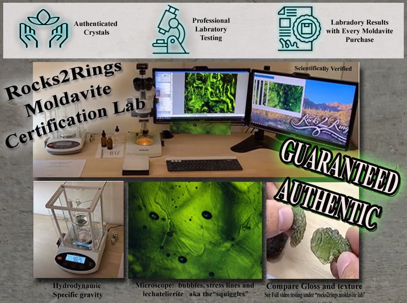 May include: A close-up of a green moldavite stone being examined under a microscope. The image shows the stone's unique texture and bubbles, which are characteristic of moldavite. The text "Rocks2Rings Moldavite Certification Lab" is visible in the image, indicating that the stone has been professionally certified.