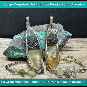 Genuine Moldavite with Libyan Desert Glass and Herkimer Diamond Pendant Necklace in Sterling Silver High Vibration Healing Jewelry MLH Large Set PND/BR