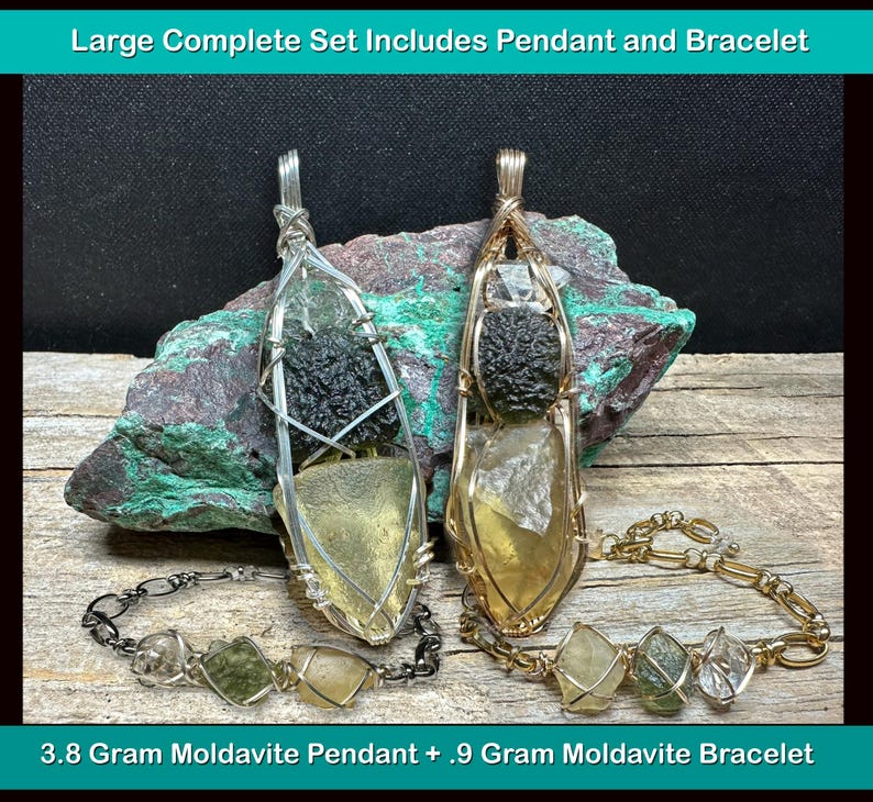 Genuine Moldavite with Libyan Desert Glass and Herkimer Diamond Pendant Necklace in Sterling Silver High Vibration Healing Jewelry MLH Large Set PND/BR