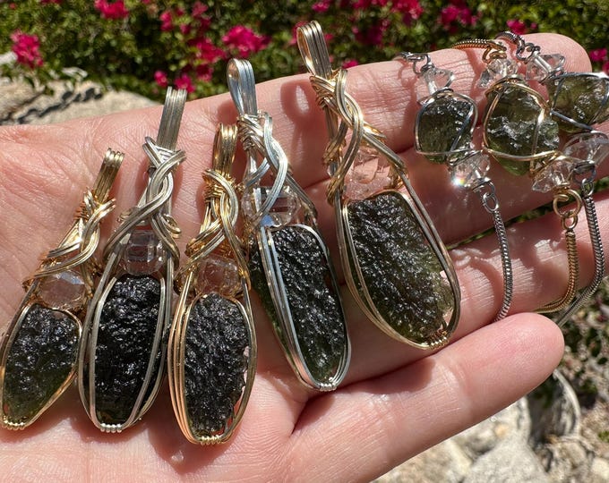 Featured listing image: Moldavite | Moldavite Crystal with Large Herkimer Diamond Necklace Pendant Tektite Healing Stone, VERY high vibration Jewelry S61