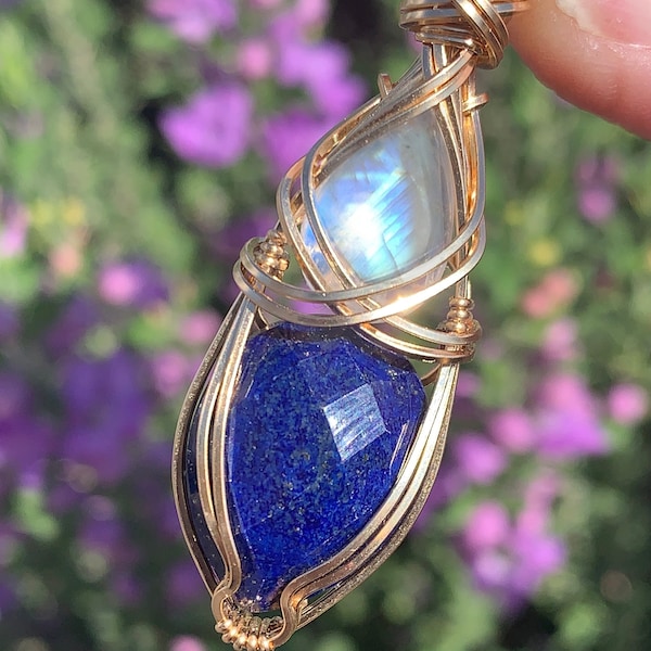 Lapis Lazuli and Moonstone Rainbow Blue Pendant Necklace Confidence love and Wellness Vibrations Jewelry LMG2