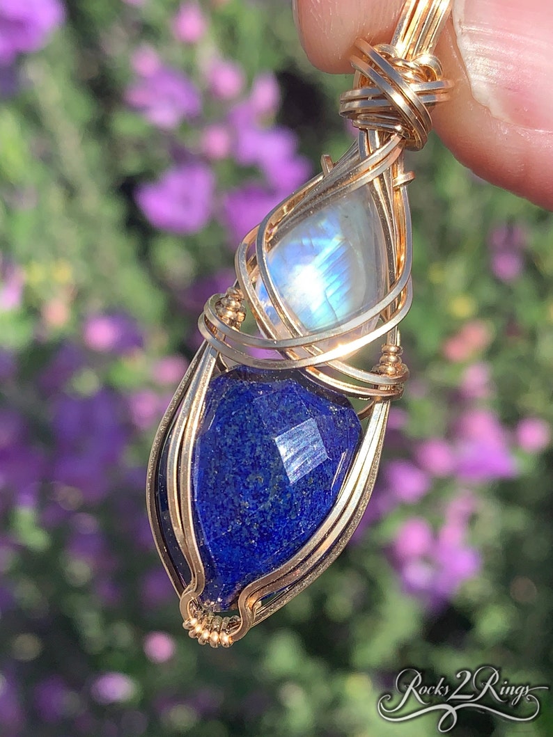 Lapis Lazuli and Moonstone Rainbow Blue Pendant Necklace Confidence love and Wellness Vibrations Jewelry LMG2 image 1
