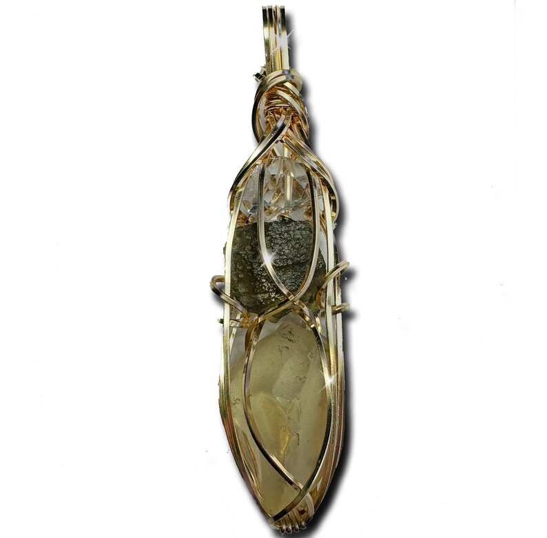 Genuine Moldavite with Libyan Desert Glass and Herkimer Diamond Pendant Necklace in Sterling Silver High Vibration Healing Jewelry MLH image 9