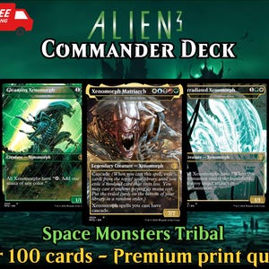 Puede incluir: Un mazo de Commander con cartas temáticas de Alien 3. La imagen muestra tres cartas con criaturas Xenomorph, incluyendo "Gleaming Xenomorph" y "Xenomorph Matriarch". El mazo incluye más de 100 cartas con calidad de impresión premium.