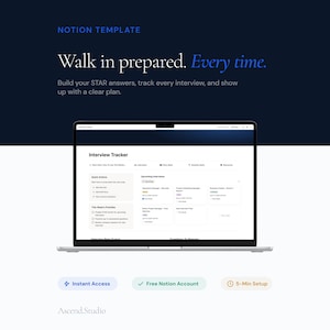 May include: A laptop screen shows a Notion template for interview preparation. The template, titled "Interview Tracker", includes sections for quick actions and upcoming interviews. The text "Walk in prepared. Every time" is displayed above the laptop screen.