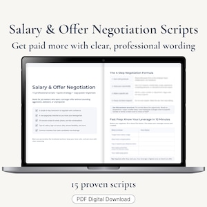Może przedstawiać: Laptop wyświetlający cyfrowy dokument zatytułowany "Salary & Offer Negotiation". Dokument obiecuje 15 profesjonalnych skryptów i szybką strategię dla osób poszukujących pracy. Ekran pokazuje również 4-etapową formułę negocjacji i "Fast Prep: Know Your Leverage In 10 Minutes."