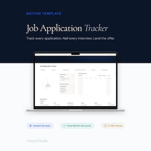 May include: A laptop screen showing a Notion template for job application tracking. The screen displays a dashboard with sections for daily overviews, interview tracking, and application progress. The text on the screen reads "Job Application Tracker". The background is a gradient of dark blue to white.