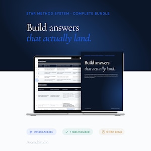 May include: A laptop and a workbook are shown against a dark blue gradient background. The text "Build answers that actually land" is displayed. The workbook cover mirrors the text. Additional text includes "Instant Access," "7 Tabs Included," and "5-Min Setup."