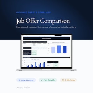 May include: A laptop displaying a Google Sheets template for job offer comparison. The screen shows data visualizations and a summary dashboard. The text on the screen reads "Job Offer Comparison". Below the laptop are icons for "Instant Access", "Fully Editable", and "5-Min Setup".