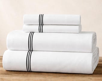 Juego de sábanas con borde de triple bordado – 100 % algodón satinado, 400 hilos.