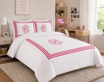 Personalized Monogram with Triple Border Dorm Room Duvet cover set 400 Thread Count 100% Cotton