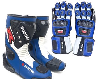 Suzuki Motorcycle Boots and Gloves Set: Biker Custom Motorbike Leather Street Track Racing Shoes Gloves Pair