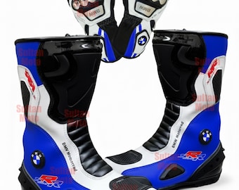Conjunto de botas y guantes de moto BMW: Zapatos y guantes de cuero personalizados para motociclista, ideales para carreras en pista y calle.
