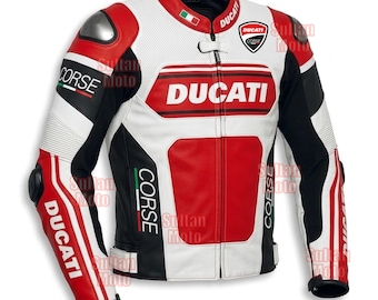 Giacca da moto da corsa Ducati da uomo: giacca da motociclista in pelle personalizzata per gare su strada.
