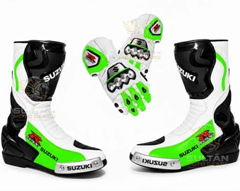 Stivali e guanti da motociclista personalizzati per Suzuki GSX / Set da gara per moto bianco, nero e verde / Abbigliamento per pista e strada
