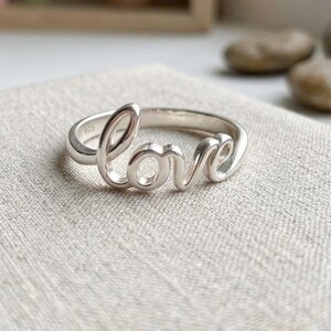 Sterling Silver Cursive Love Ring, Minimalist Script Word Ring for Women