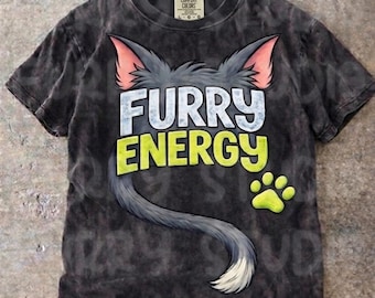 Furry Energy Cat Graphic Tee, Garment-Dyed Cotton Animal Lover Shirt