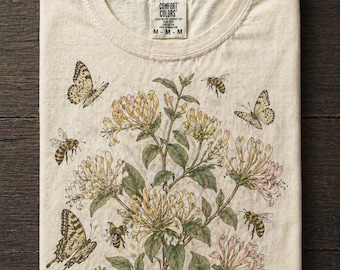 Vintage Botanical Bee Shirt, Floral Cottagecore Tee, Nature Graphic T-Shirt