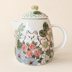 Hand-Painted Cat Ceramic Teapot, Botanical Flower Pitcher, White Porcelain Water Jug, Whimsical Floral Vase