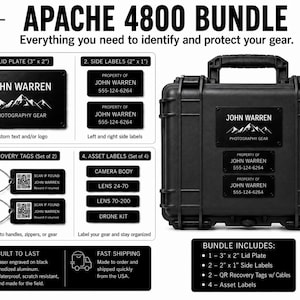 May include: The Apache 4800 bundle includes a black hard-shell equipment case with a 3-inch by 2-inch lid plate, two 2-inch by 1-inch side labels, two QR recovery tags with metal cables, and four asset labels, all featuring custom text.