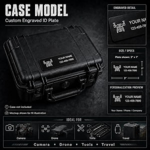May include: Black case with a custom engraved ID plate. The plate is shown as 3" x 1" with a drone icon, name, and phone number. The case is designed for cameras, drones, tools, and travel.