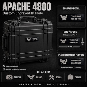May include: A black, rectangular, hard-shell protective case with a top handle and side wheels. A custom engraved ID plate is attached to the front, featuring a drone icon, the text YOUR NAME, and 123-456-7890. The plate measures 3 inches by 1 inch.