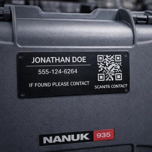 May include: A dark gray Nanuk 935 case with a black nameplate. The nameplate includes the name "JONATHAN DOE", a phone number, and a QR code. The text "IF FOUND PLEASE CONTACT" is also visible.