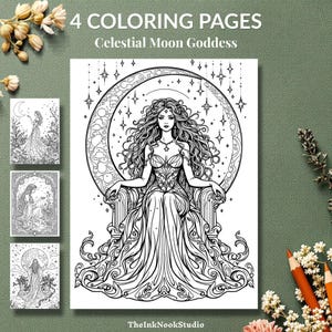 Pode incluir: Quatro páginas para colorir com um design de Deusa da Lua Celestial. A imagem principal mostra uma ilustração detalhada de uma mulher sentada em um trono dentro de uma lua crescente, cercada por estrelas. O texto "4 Coloring Pages" e "Celestial Moon Goddess" é exibido no topo.