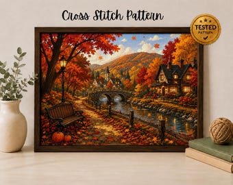 Patrón de punto de cruz "Pueblo de otoño" en PDF, Paisaje otoñal en punto de cruz contado, Acogedora cabaña con cobertura total, Descarga instantánea