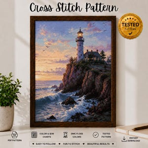 Lighthouse Cross Stitch Pattern PDF, Coastal Landscape Counted Cross Stitch, Ocean Seascape Embroidery Pattern, Instant Download