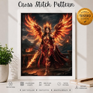 May include: A cross stitch pattern featuring a central image of a warrior figure with large flaming wings, wearing fiery armor and holding a glowing sword. The scene includes a stone balcony, mountains, and a castle. Text includes Cross Stitch Pattern.