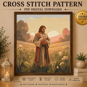 Op de afbeelding: Een kruissteekpatroon als digitale PDF-download met een figuur met lang bruin haar en een baard in een gewaad, die een klein wit lammetje vasthoudt in een grasveld met bloemen bij zonsondergang. Tekst in de afbeelding: CROSS STITCH PATTERN.