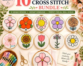 10 Floral Cross Stitch Patterns Bundle | Mini Embroidery PDF Designs