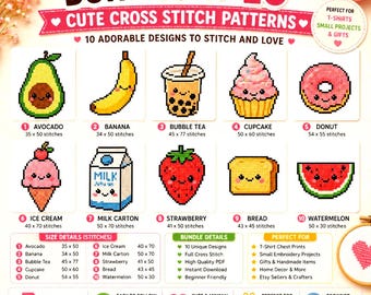 Kawaii Mini Cross Stitch Patterns Bundle | 10 Food Designs (PDF Download)