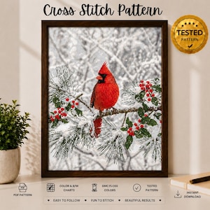 May include: A framed cross stitch pattern featuring a bright red cardinal bird perched on a snow-covered pine branch with green needles and red berries. The text Cross Stitch Pattern appears at the top, with a gold Tested Pattern seal.