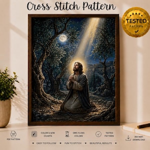 Jesus Praying Cross Stitch Pattern PDF | Garden of Gethsemane | Christian Full Coverage Pattern | DMC Instant Download