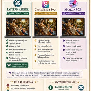 Puede incluir: Un cuadro informativo titulado PATTERN COMPATIBILITY que detalla la compatibilidad de aplicaciones de punto de cruz. Enumera Pattern Keeper, Cross Stitch Saga y Markup R-XP con iconos, estados y notas. Incluye una secci&oacute;n BEFORE PURCHASE.