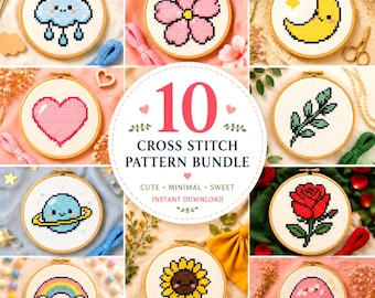 10 Kawaii Cross Stitch Patterns | T-Shirt Chest Designs (Digital Download)