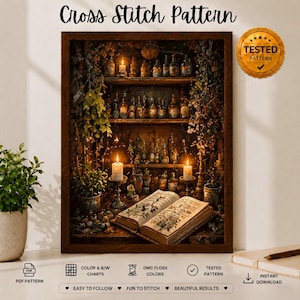 May include: A cross stitch pattern featuring a dark wooden shelf filled with glass apothecary bottles, glowing candles, and trailing vines. An open book with botanical illustrations rests in the foreground. The text reads Cross Stitch Pattern.