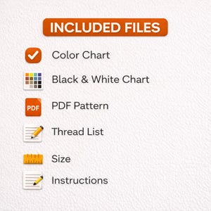 Puede incluir: Una lista titulada INCLUDED FILES con seis iconos: una marca de verificaci&oacute;n para Color Chart, una cuadr&iacute;cula para Black & White Chart, un icono PDF para PDF Pattern, un l&aacute;piz sobre papel para Thread List, una regla para Size y un l&aacute;piz para Instructions.