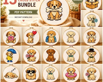 15 kruissteekpatronen voor puppy's | PDF-bundel kawaii hond (direct downloaden)