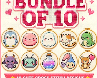 Mini Kawaii Cross Stitch Pattern Bundle – 10 Character Designs (PDF Download)