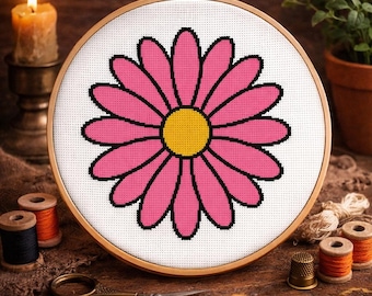 Pink Daisy Cross Stitch Pattern | Small Floral Embroidery PDF (Instant Download)