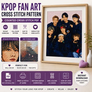 May include: A K-pop fan art cross stitch pattern PDF featuring a group of seven individuals in dark clothing. The digital document includes a detailed stitch preview, an easy-to-read chart, DMC color legend, and step-by-step instructions for printing.