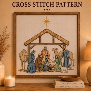Puede incluir: Un patrón de punto de cruz enmarcado titulado CROSS STITCH PATTERN que muestra una escena de natividad con un establo, una estrella amarilla brillante y figuras que incluyen a María, José, el niño Jesús, camellos y un cordero.
