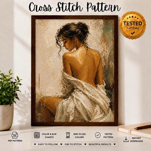 Schema per punto croce da donna in PDF, elegante ritratto femminile da ricamare, punto croce vintage da signora, download immediato
