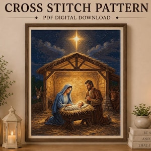 Puede incluir: Un patrón de punto de cruz en descarga digital PDF que muestra una escena de natividad con una estrella brillante sobre un establo, María y José arrodillados junto a un pesebre con un bebé, un burro y un buey en estilo de bordado.