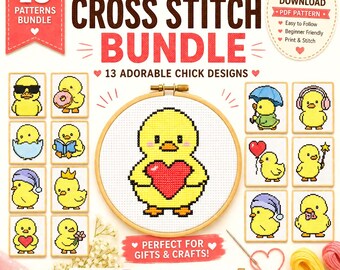 13 Chick Cross Stitch Patterns Bundle | Kawaii Animal PDF (Beginner Friendly)